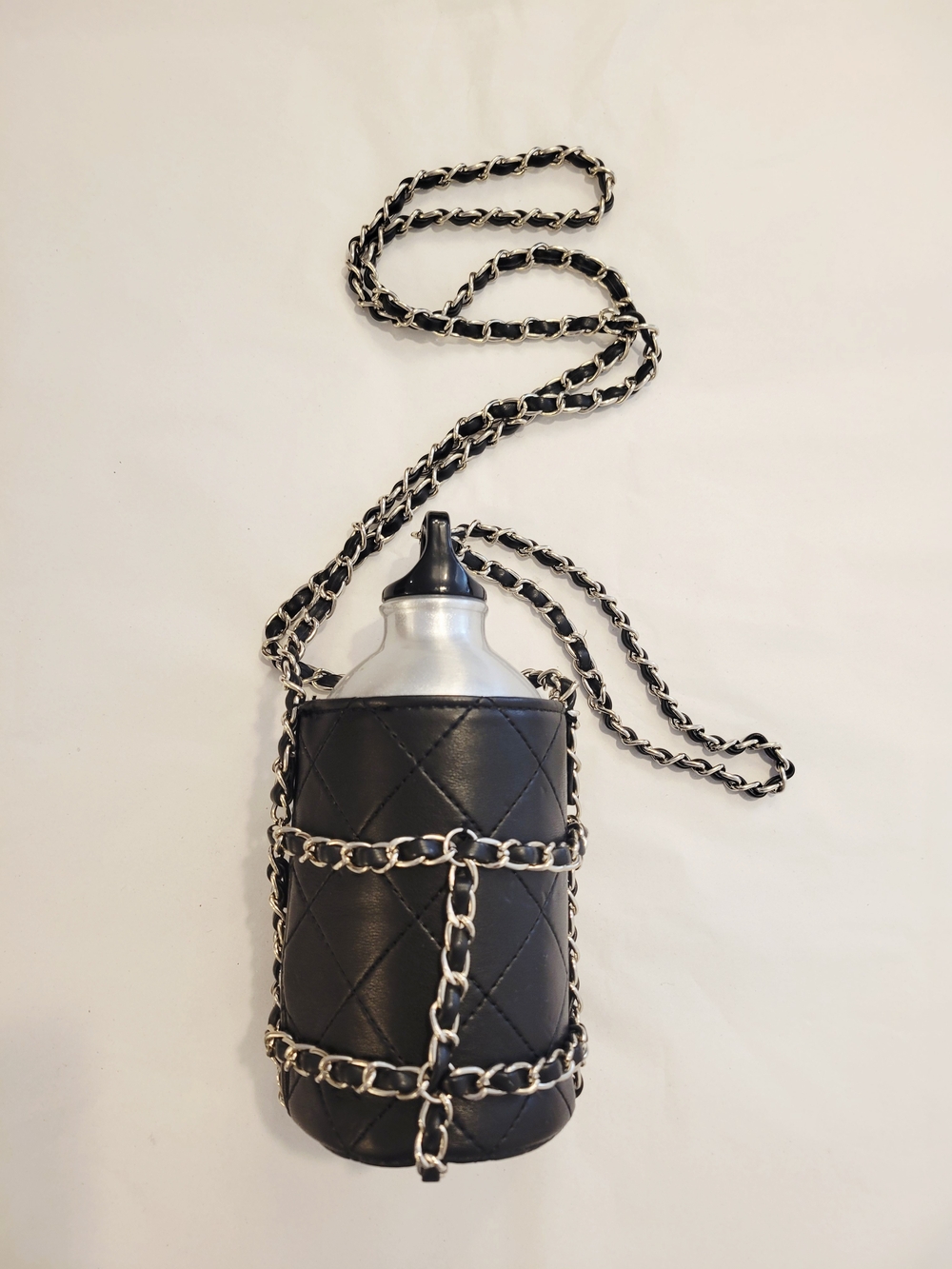 Designer-Inspired Black Quilted Chain Crossbody Bottle Carrier